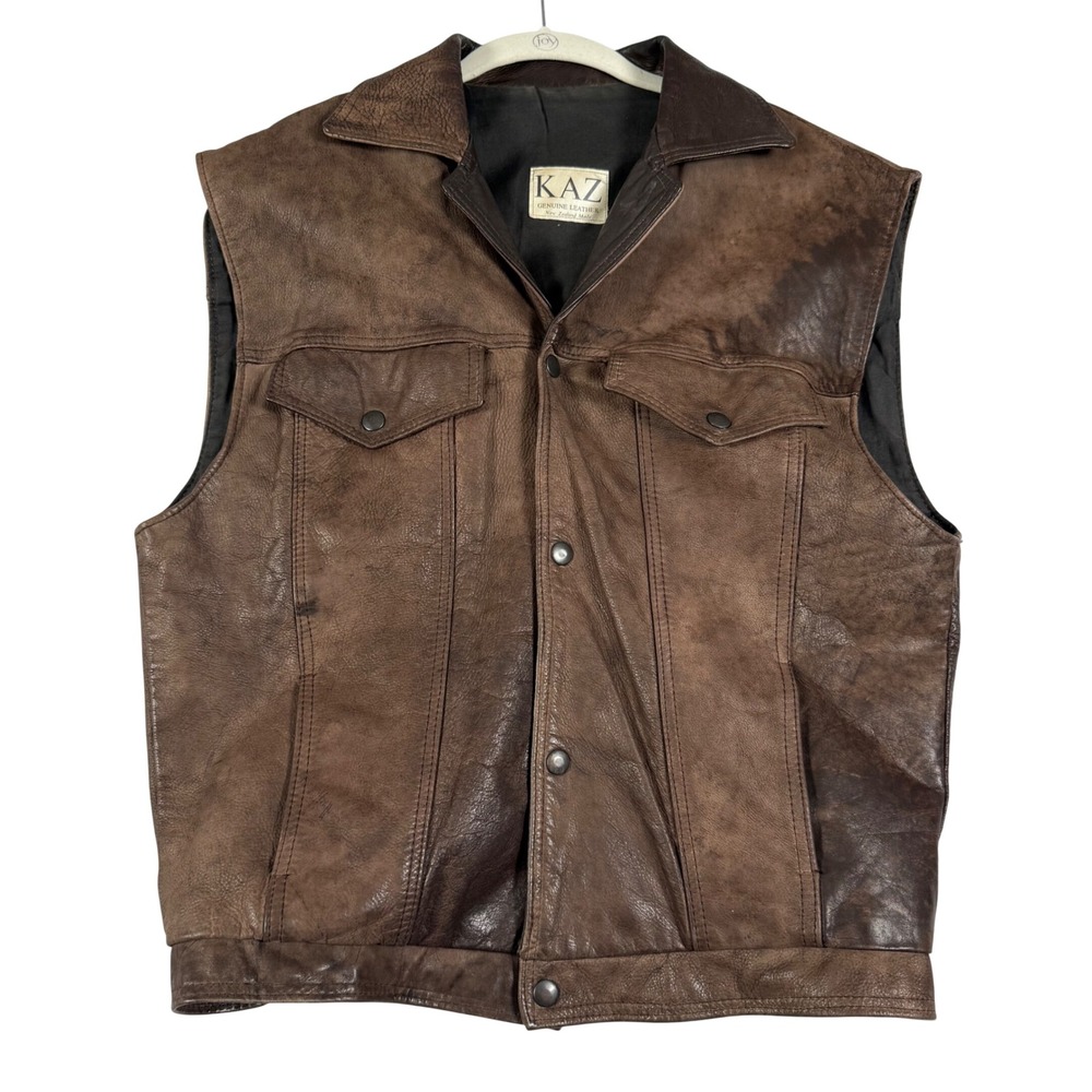 Vintage KAZ Mens Brown Genuine Leather Vest New Zealand Biker Trucker Western L